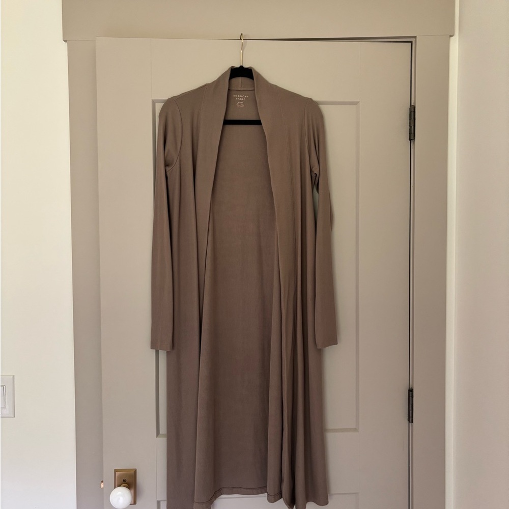 American Eagle Long Open Front Cardigan Brown Taupe Size S